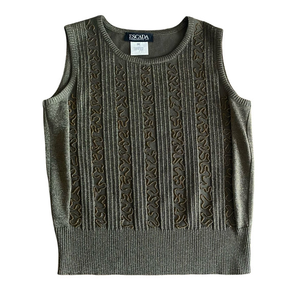 Vintage ESCADA Metallic Olive Green Knit Sweater Sleeveless Pullover Top 38 READ - Picture 1 of 8